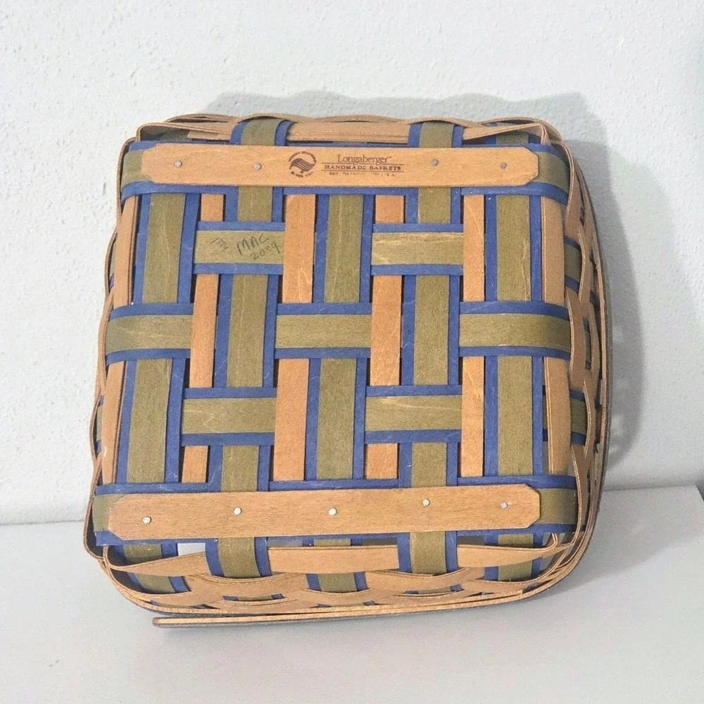 Longaberger 2009 Handmade Basket Blue Green Woven‎ Square Leather Handles USA